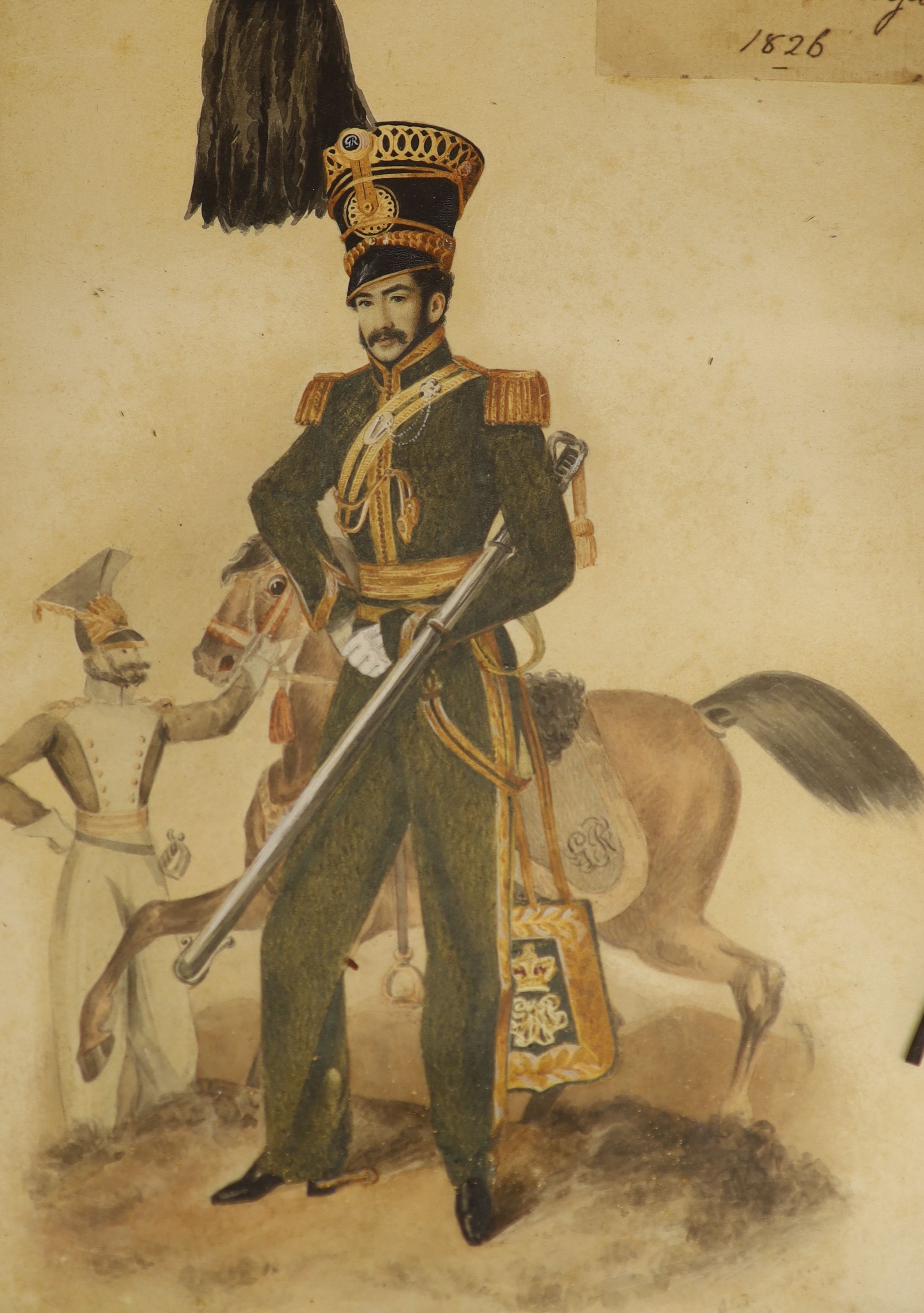 Early 19th century English School, watercolour, Portrait of Captain Richard Burges, Cornet Cape Cove Cavalry (1802-1848), inscribed and dated 1826, 23 x 17cm